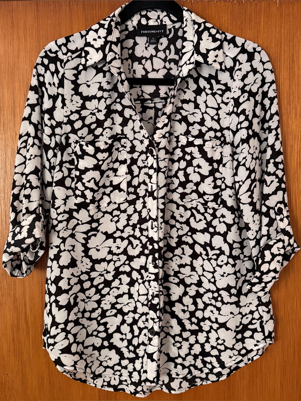 Black and White Floral Button-Up Blouse